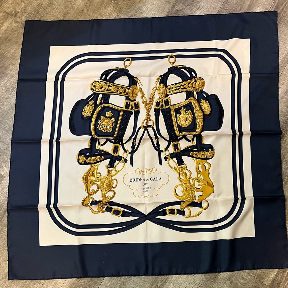 HERMES Carre 90 Scarf BRIDES de GALA Ceremony Horse Bridle Silk Blue with Box